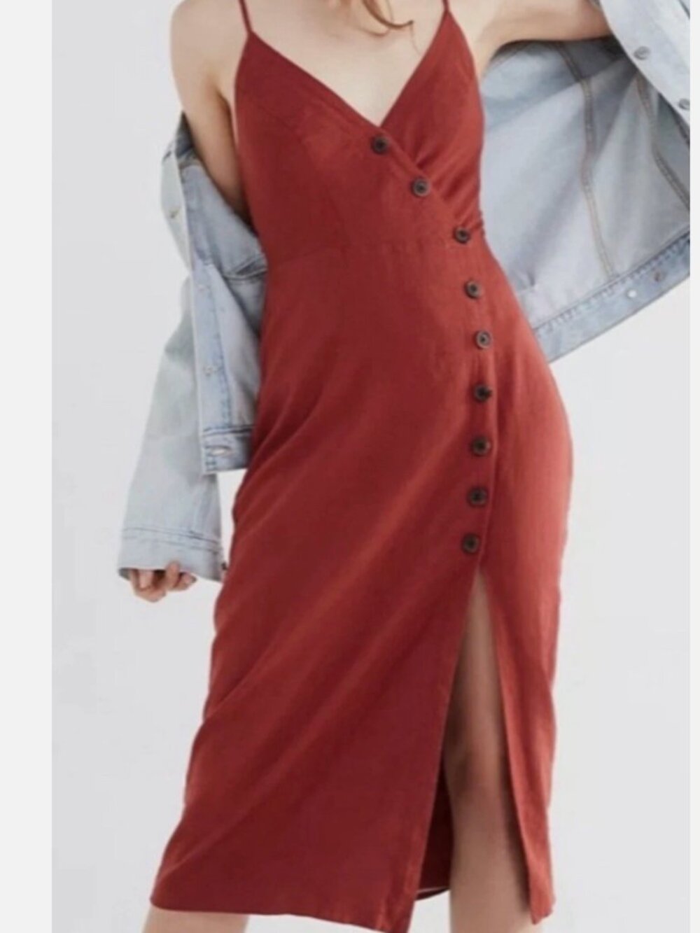 Urban Outfitters Diagonal Button Front Midi Linen Dress, M